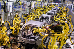 Robot machines weld car bodies at Kia Motors Slovakia
